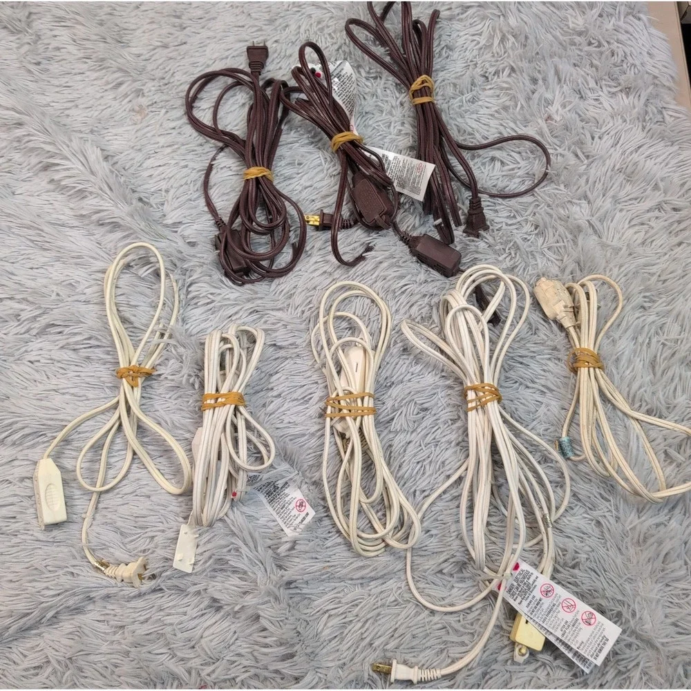 Lot of 8 Extension Cord White Brown of Varying Lengths & Sizes 2 Prong